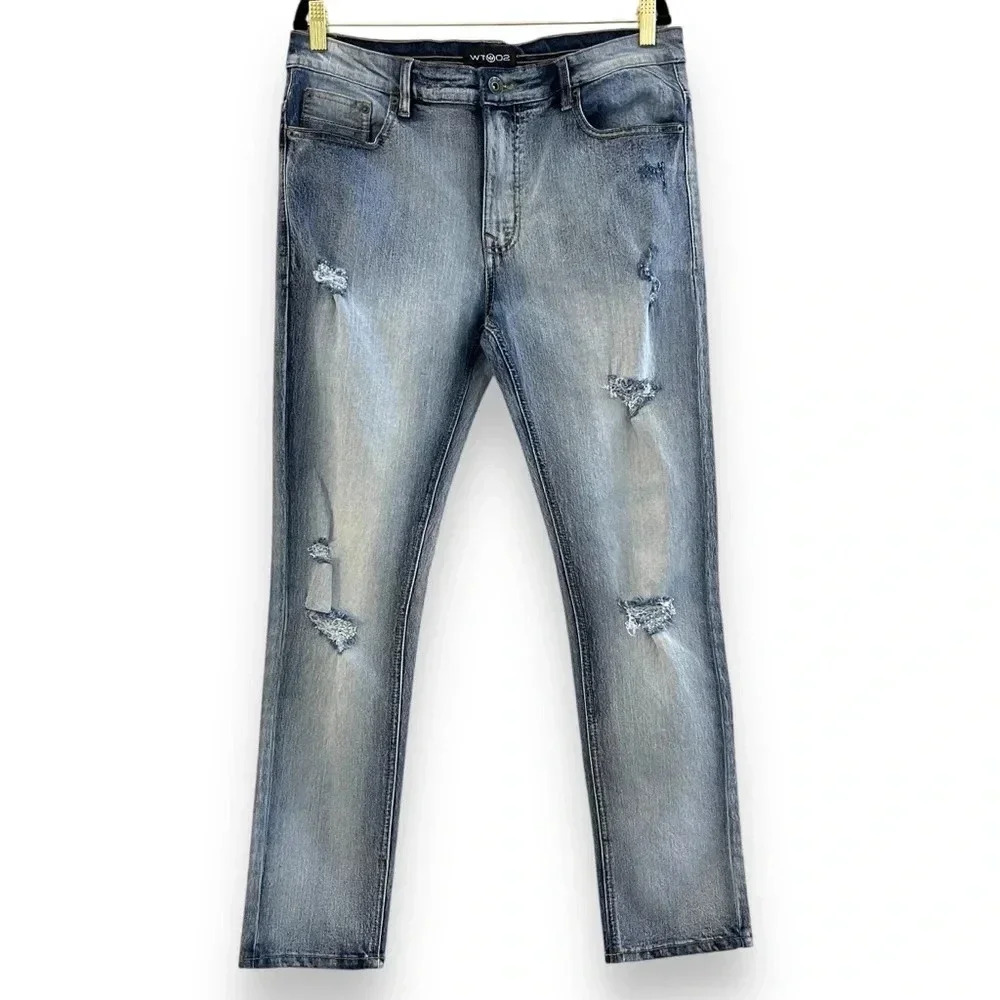 WT02 Jeans Men's 34/30 Acid Wash Distressed Skinny Straight Stretch Moto Denim